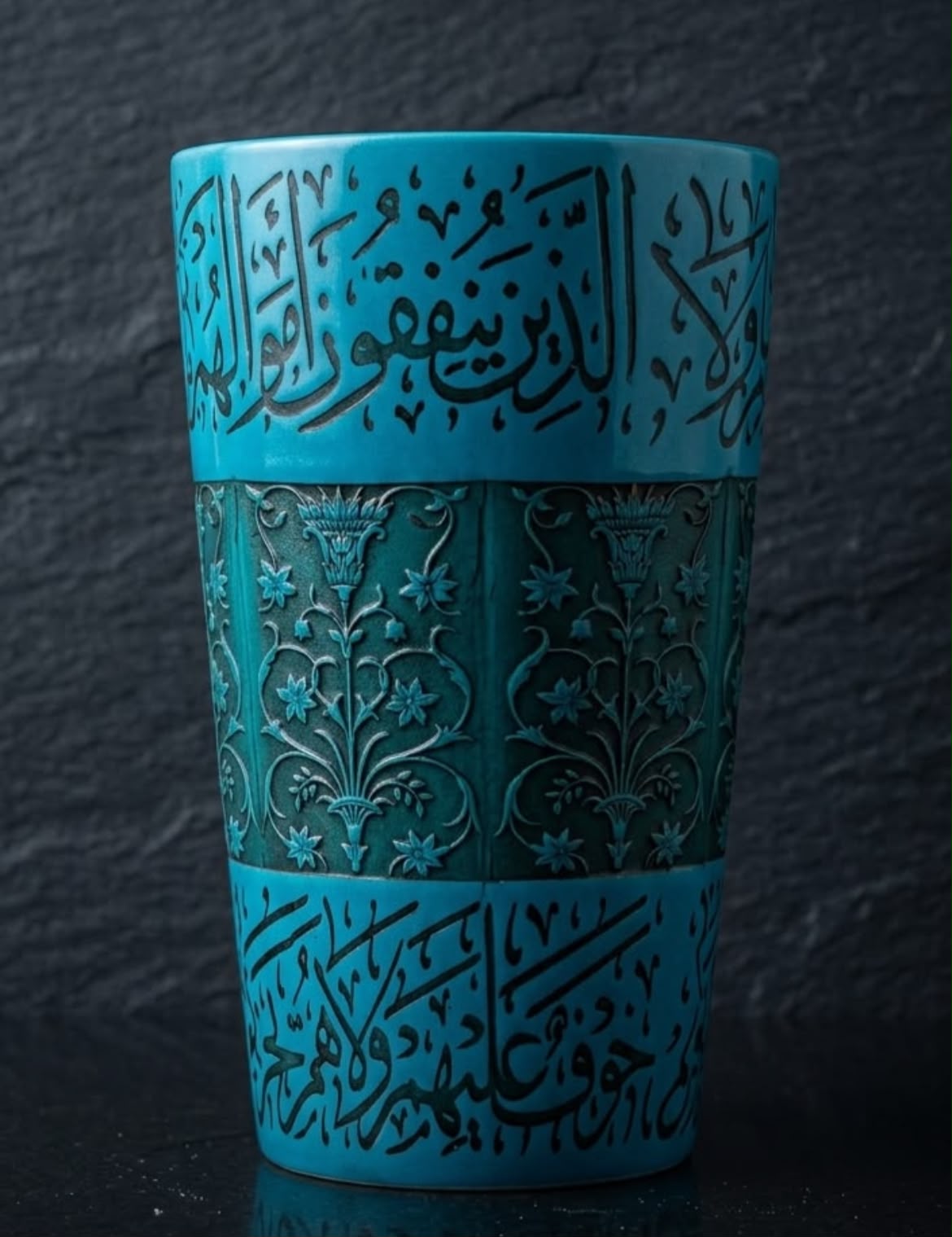 Turquoise ceramic glass incribing Quran verse.